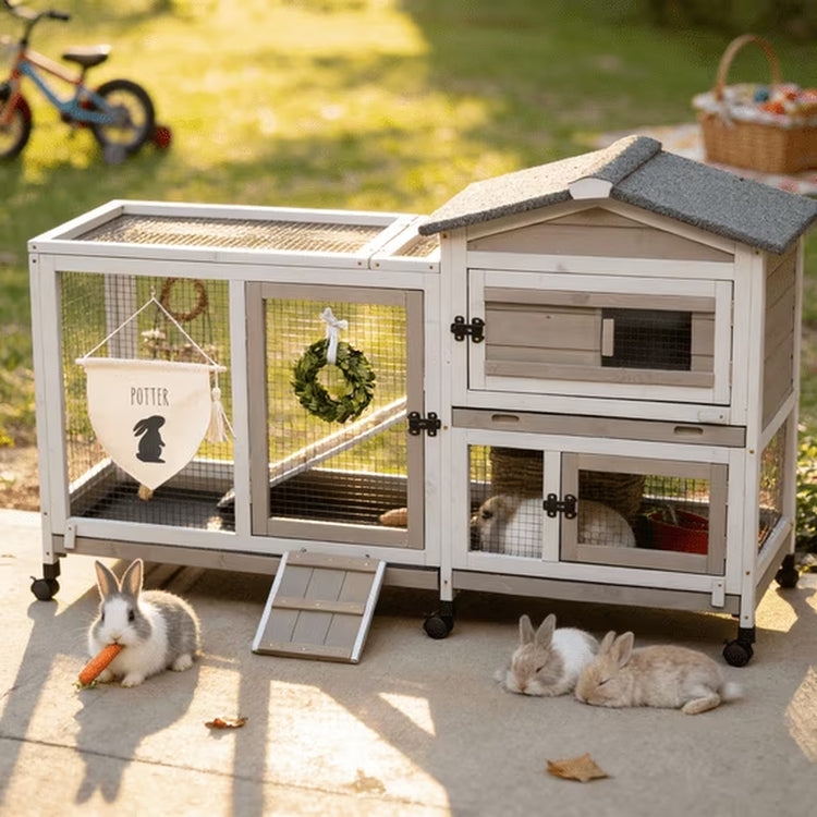 2-Story Rabbit Hutch Wooden Bunny Cage with Run & Pull-Out Trays