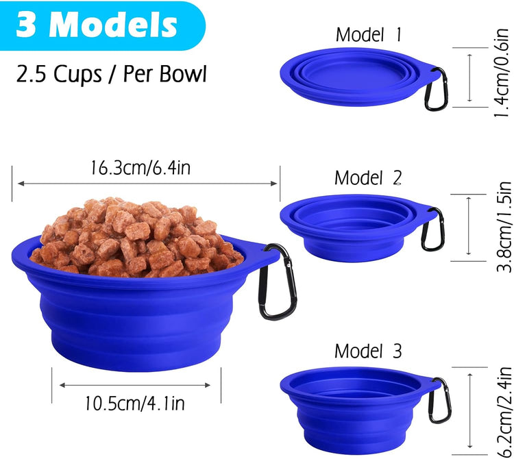 2-Pack BPA-Free Silicone Collapsible Dog Bowls, Dishwasher Safe, Portable Foldable Travel Feeding Cups for Dogs and Cats with 2 Carabiners (Army Green, Blue)