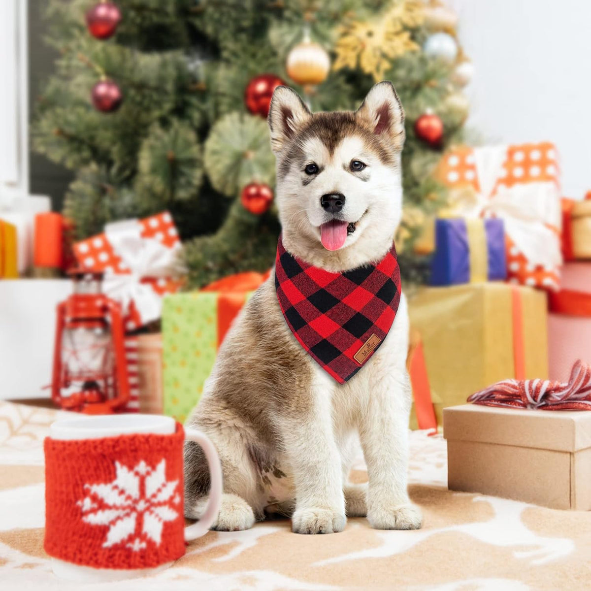 Set of 2 Dog Bandanas - Christmas Classic Red Buffalo Plaid Triangle Bibs for Small to Large Pets