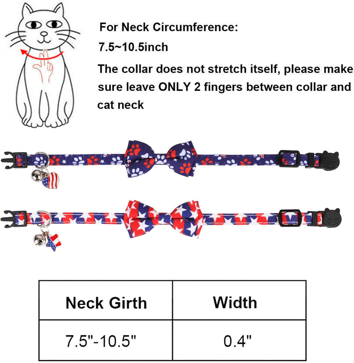 American Flag Breakaway Cat Collars with Bow Tie and Bell - 2 Pack 4th of July Kitten Collars in Red and Blue