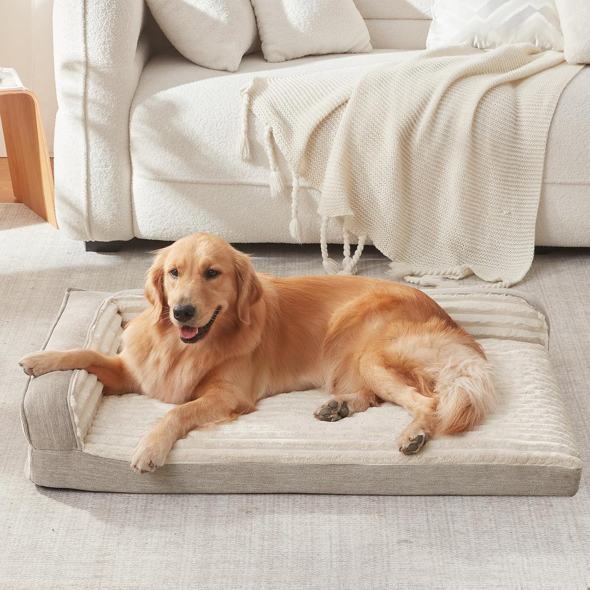 Orthopedic Waterproof Dog Bed for Small Breeds, Egg Foam Sofa Design with L-Shaped Bolsters, Washable Removable Cover, Non-Slip Base, 30 x 20 Inches, Beige