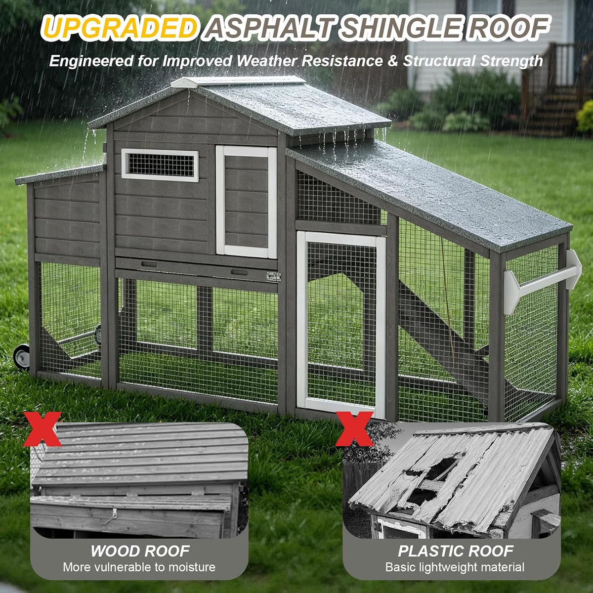 Wooden Chicken Coop with Wheels and Run, 2 Nesting Boxes, Gray