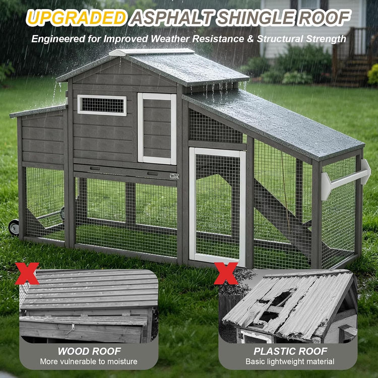 Wooden Chicken Coop with Wheels and Run, 2 Nesting Boxes, Gray