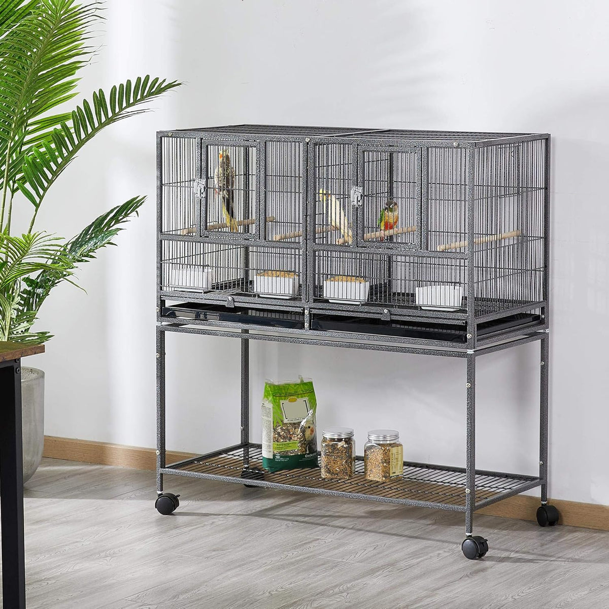 41.5" Stackable Divided Breeder Cage for Parakeets, Canaries, Cockatiels, Lovebirds, Finches, Budgies, and Small Parrots with Rolling Stand, Black