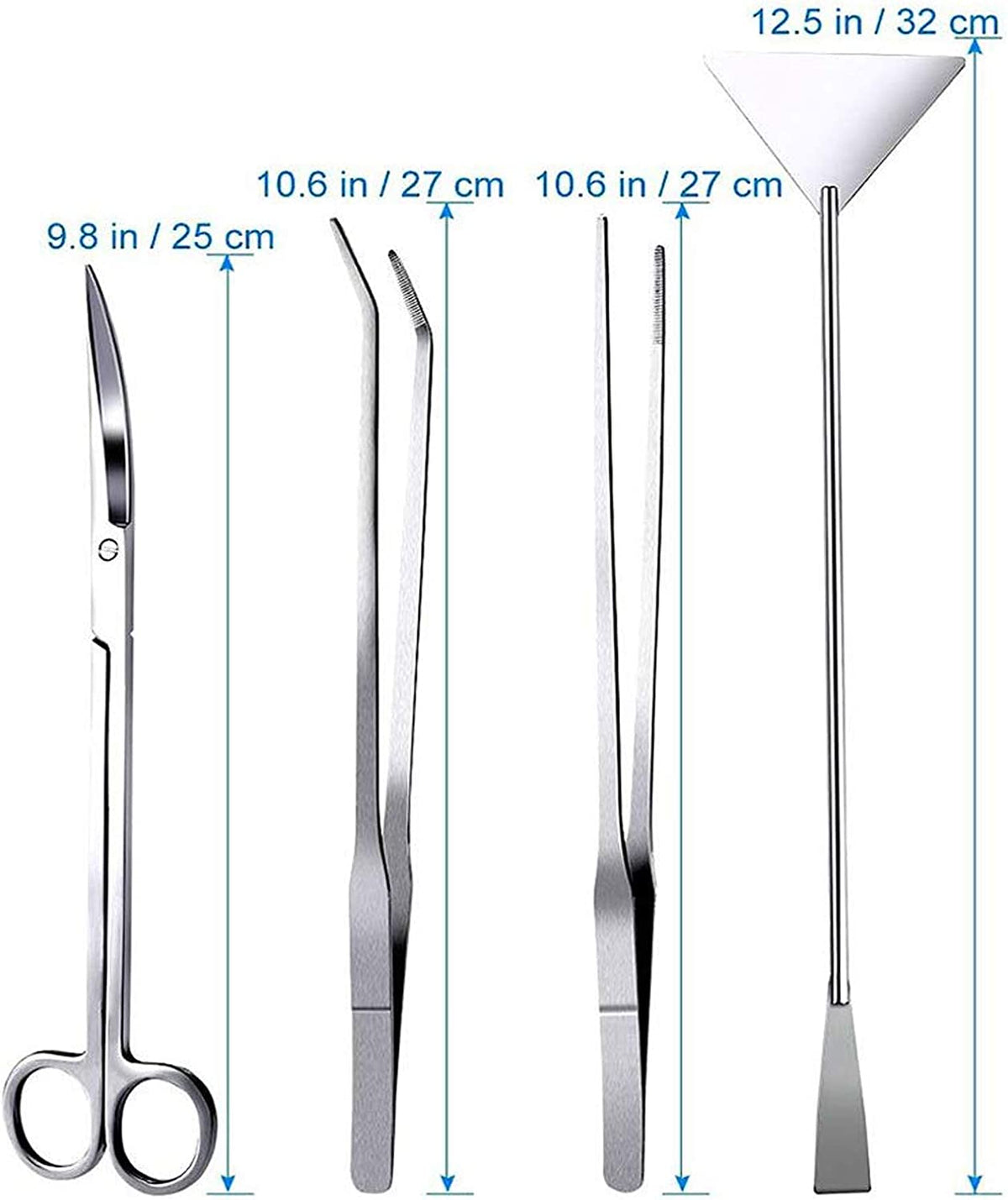 Professional Aquascaping Tool Set: 4-in-1 Stainless Steel Long Tweezers, Scissors, and Spatula for Aquariums, Fish Starter Kits, and Terrariums