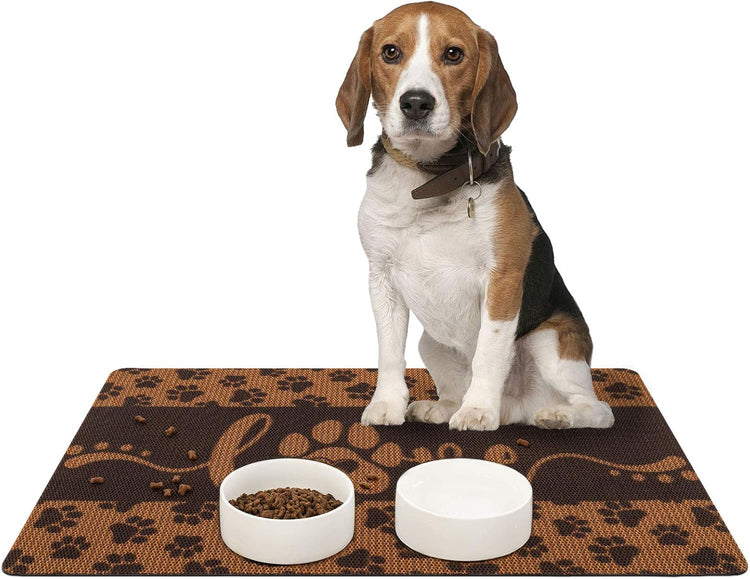 Washable Non-Slip Pet Food Mat for Dogs and Cats, Love Design, 18" x 30", Coffee Color