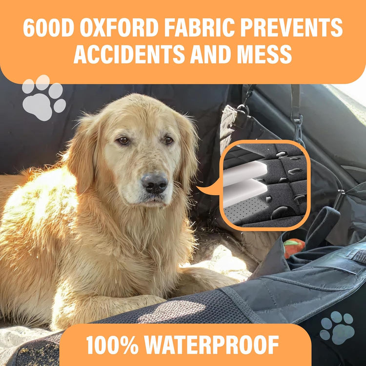Premium Waterproof Dog Car Seat Cover for Back Seat - Protective Hammock for SUVs and Trucks with Safety Features, Black
