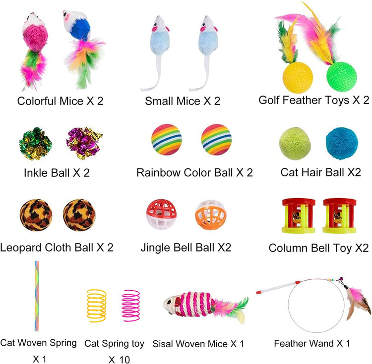 32-Piece Interactive Cat Toy Set with Foldable Rainbow Tunnel, Teaser Wand, Fluffy Mouse, Crinkle Balls, and Bell for Puppies and Kittens (3-Way)