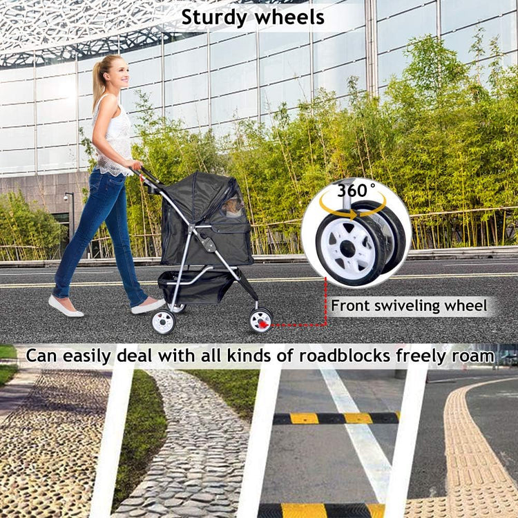 Lightweight 3-Wheel Pet Stroller for Small to Medium Dogs and Cats, Foldable Design with Breathable Mesh, Weather Cover, and Storage Basket for Outdoor Travel (Black)