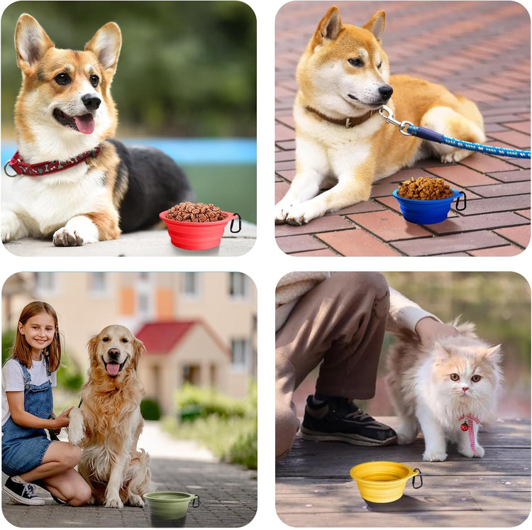 2-Pack BPA-Free Silicone Collapsible Dog Bowls, Dishwasher Safe, Portable Foldable Travel Feeding Cups for Dogs and Cats with 2 Carabiners (Army Green, Blue)