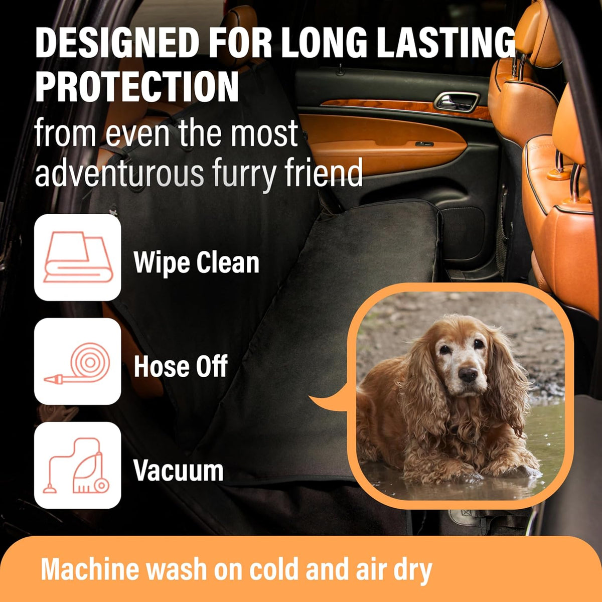 Premium Waterproof Dog Car Seat Cover for Back Seat - Protective Hammock for SUVs and Trucks with Safety Features, Black