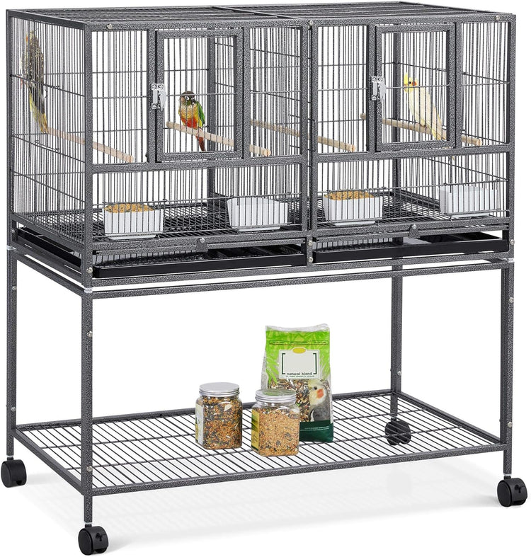 41.5" Stackable Divided Breeder Cage for Parakeets, Canaries, Cockatiels, Lovebirds, Finches, Budgies, and Small Parrots with Rolling Stand, Black