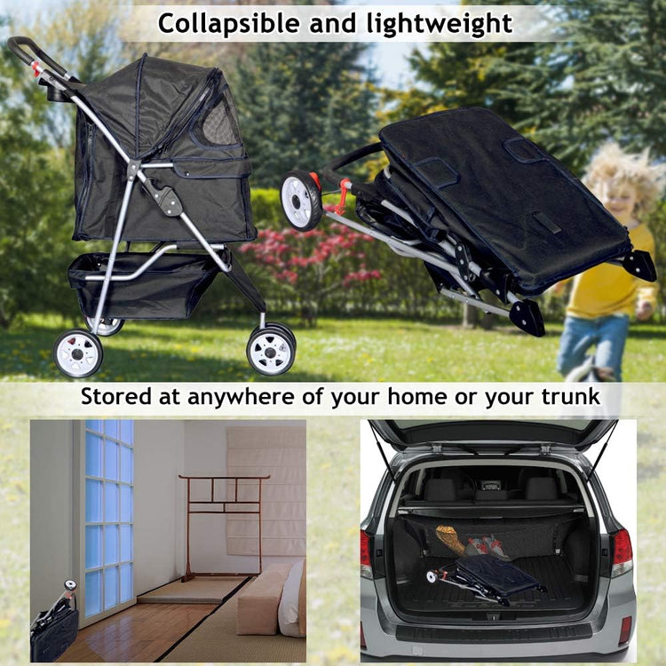 Lightweight 3-Wheel Pet Stroller for Small to Medium Dogs and Cats, Foldable Design with Breathable Mesh, Weather Cover, and Storage Basket for Outdoor Travel (Black)