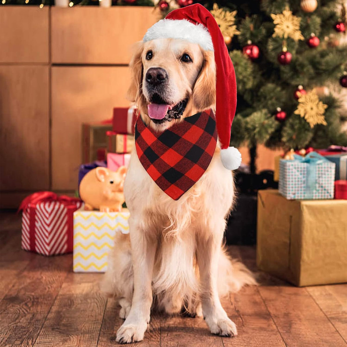 Set of 2 Dog Bandanas - Christmas Classic Red Buffalo Plaid Triangle Bibs for Small to Large Pets