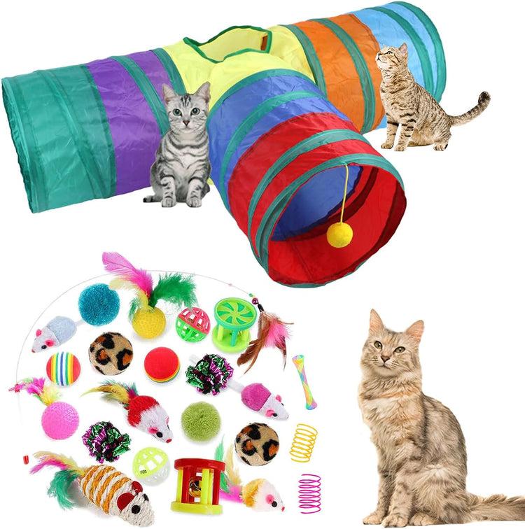 32-Piece Interactive Cat Toy Set with Foldable Rainbow Tunnel, Teaser Wand, Fluffy Mouse, Crinkle Balls, and Bell for Puppies and Kittens (3-Way)
