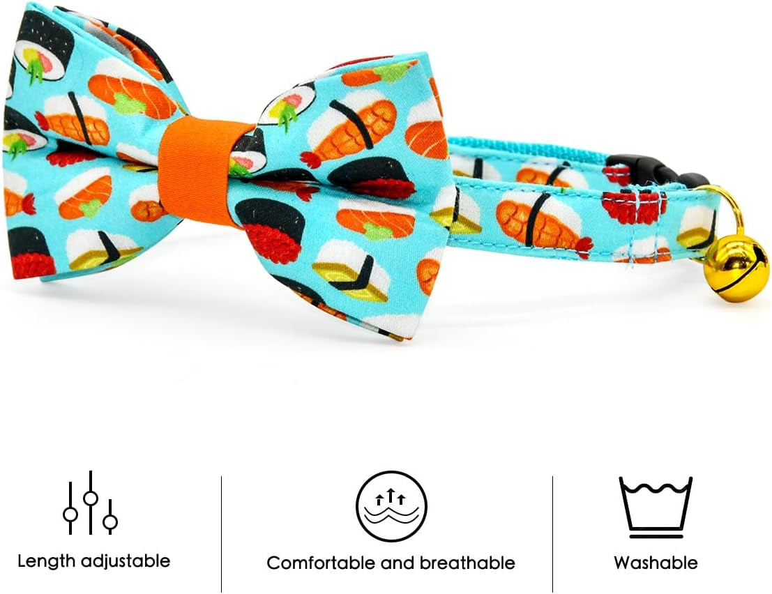 Sushi-Themed Breakaway Cat Collar and Bow Tie Set for Weddings and Birthdays