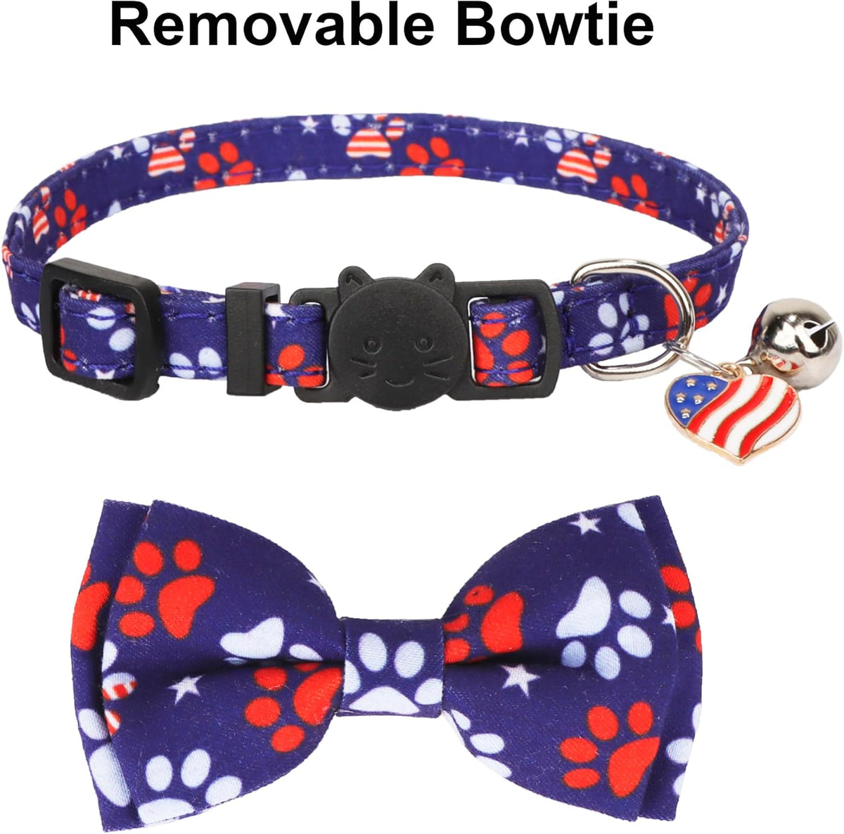American Flag Breakaway Cat Collars with Bow Tie and Bell - 2 Pack 4th of July Kitten Collars in Red and Blue
