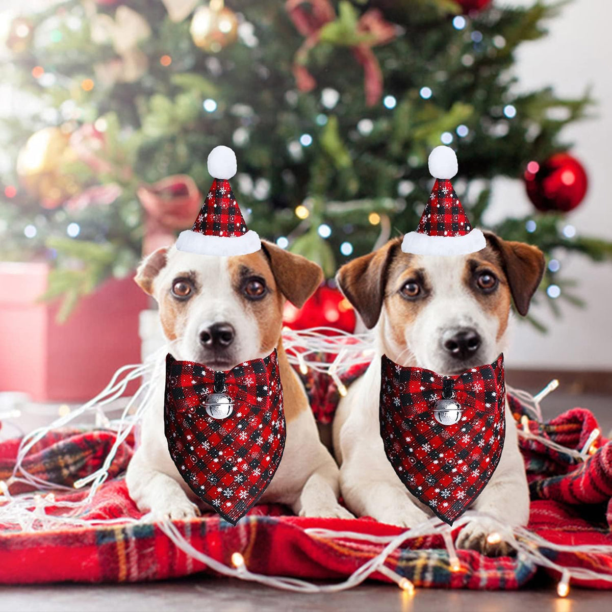 Christmas Snowflake Dog Bandana Costume Set - Classic Plaid Scarf with Hat and Bow Tie, Featuring Bell Decoration for Pets