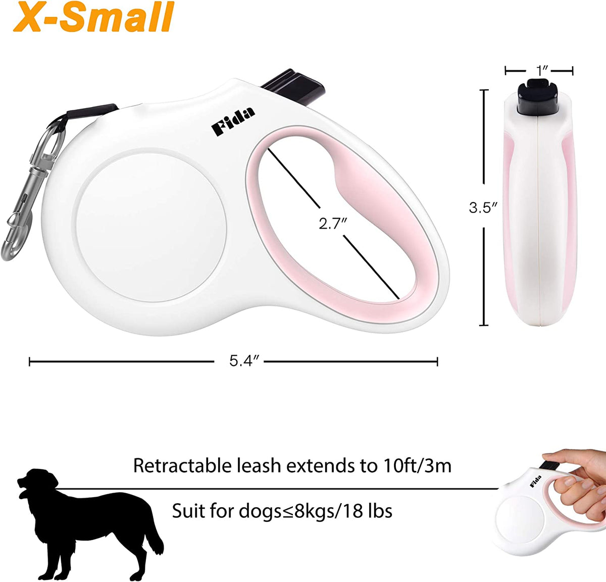 10ft Retractable Dog Leash with Integrated Dispenser and Waste Bags in White and Pink