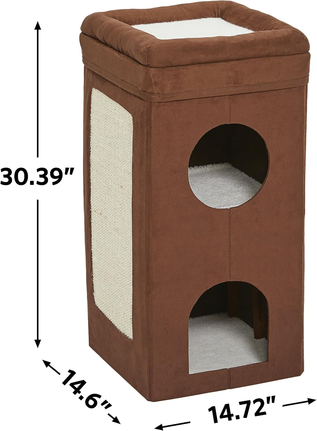 Feline Nuvo Tri-Level Cat Condo with Faux Brown Suede, Hideaways, Top Bed, and Sisal Scratch Panel for Multiple Cats