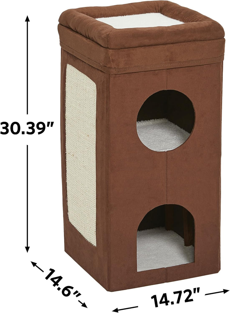 Feline Nuvo Tri-Level Cat Condo with Faux Brown Suede, Hideaways, Top Bed, and Sisal Scratch Panel for Multiple Cats