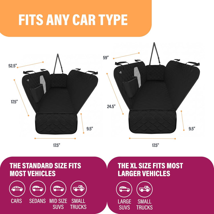 Premium Waterproof Dog Car Seat Cover for Back Seat - Protective Hammock for SUVs and Trucks with Safety Features, Black