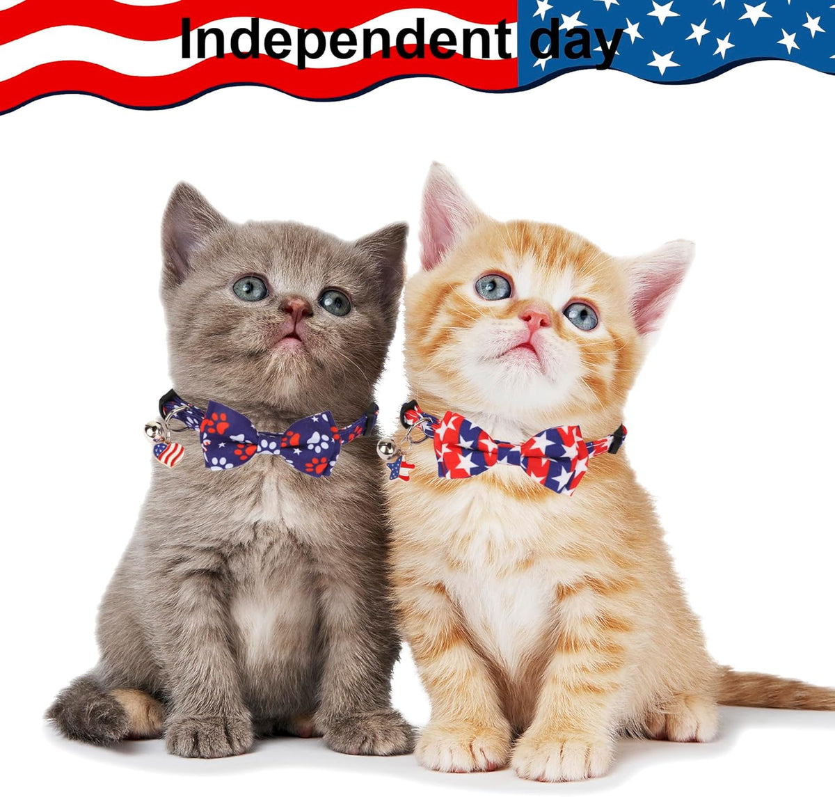 American Flag Breakaway Cat Collars with Bow Tie and Bell - 2 Pack 4th of July Kitten Collars in Red and Blue