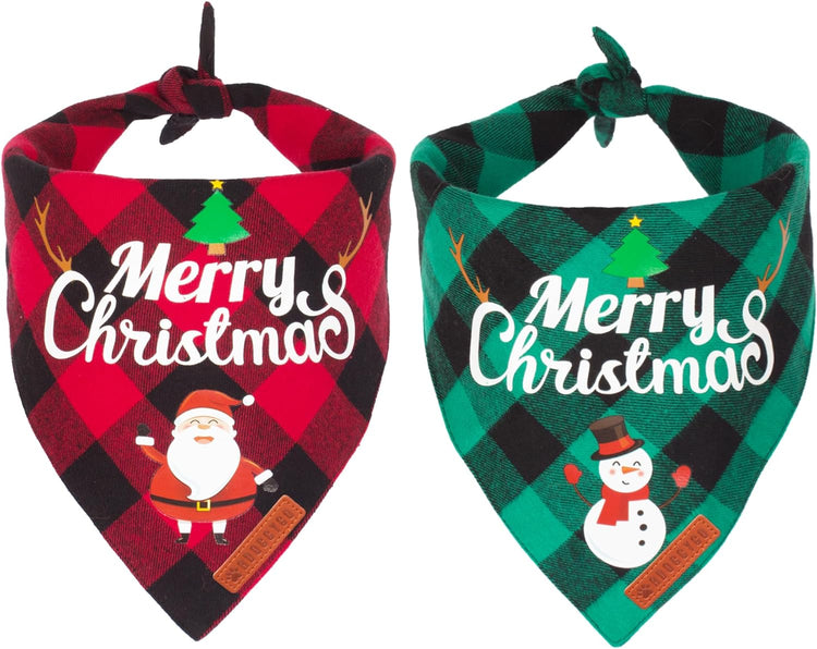 Set of 2 Christmas Plaid Dog Bandanas - Triangle Bibs with Santa and Snowman Designs for Medium to Large Pets