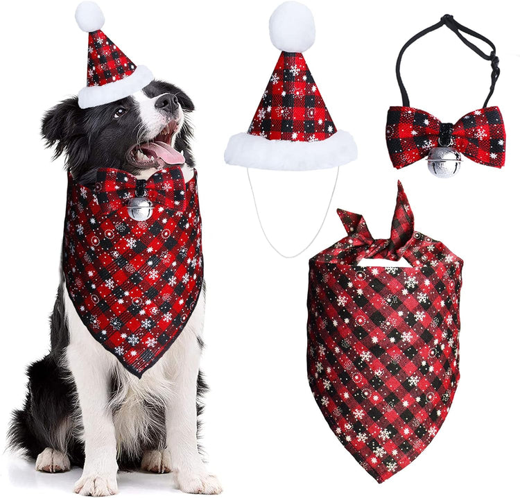Christmas Snowflake Dog Bandana Costume Set - Classic Plaid Scarf with Hat and Bow Tie, Featuring Bell Decoration for Pets