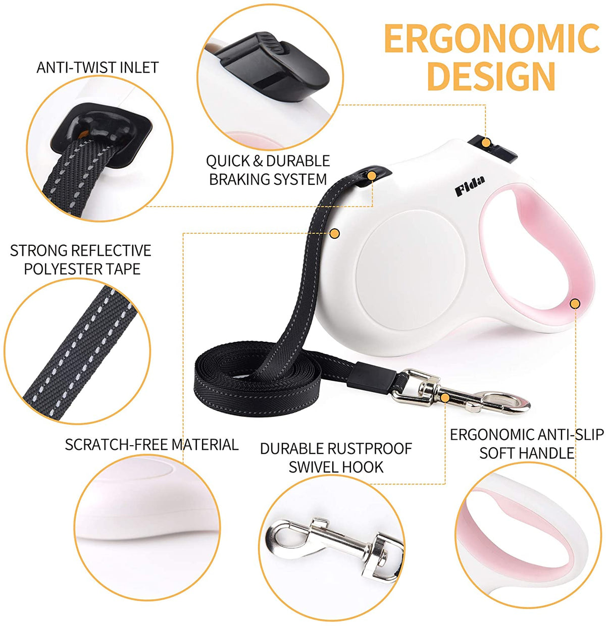 10ft Retractable Dog Leash with Integrated Dispenser and Waste Bags in White and Pink