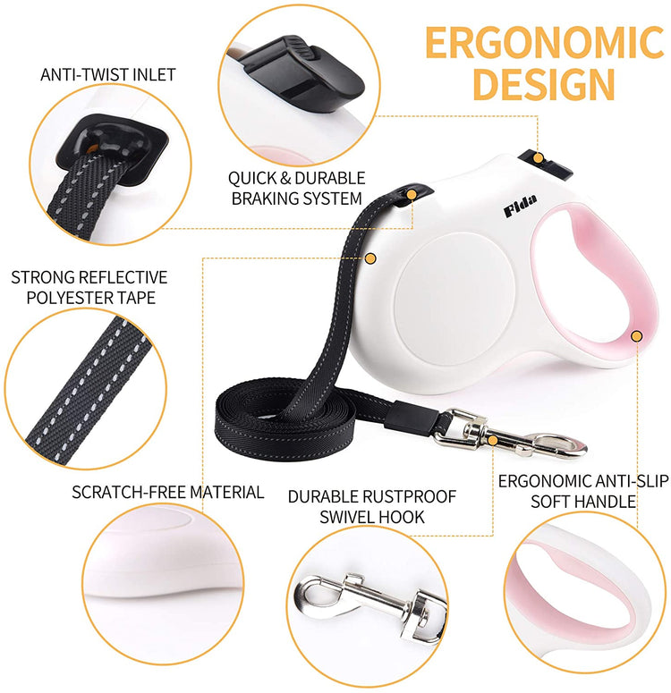 10ft Retractable Dog Leash with Integrated Dispenser and Waste Bags in White and Pink