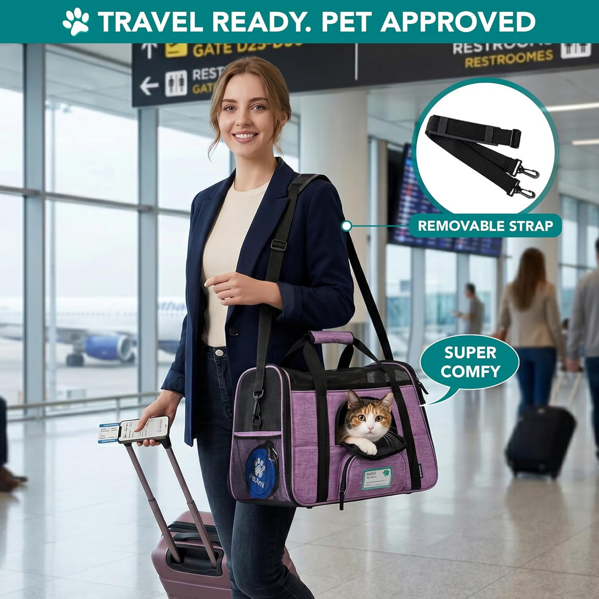 Airline-Approved Carrier for Cats and Small Dogs, Large Heather Purple