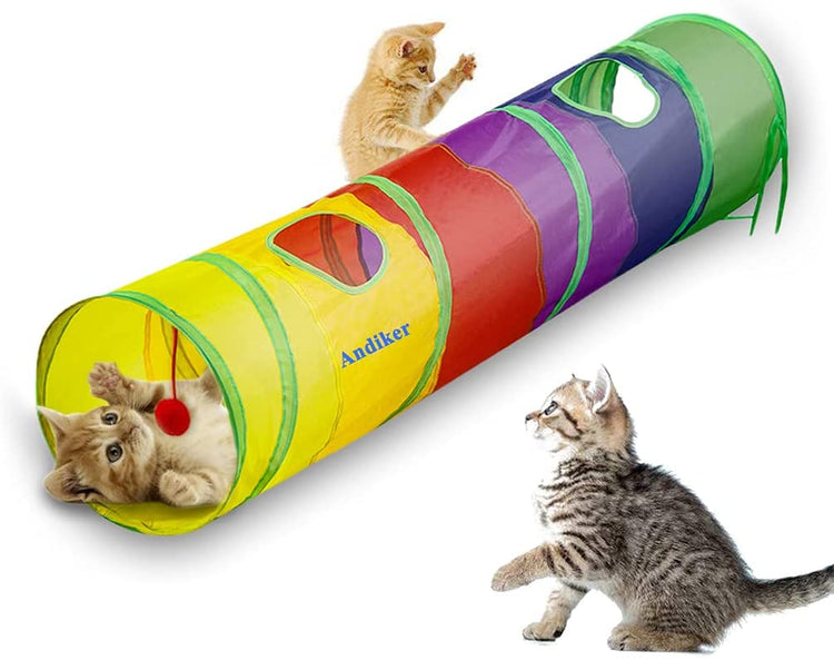 45" Rainbow Collapsible Cat Tunnel with Fun Ball and Dual Access Holes for Indoor Kittens - Ideal for Exercise, Hiding, and Play