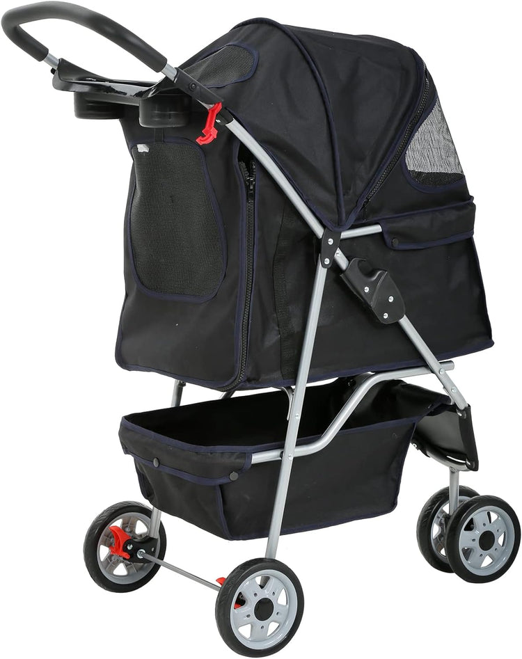 Lightweight 3-Wheel Pet Stroller for Small to Medium Dogs and Cats, Foldable Design with Breathable Mesh, Weather Cover, and Storage Basket for Outdoor Travel (Black)