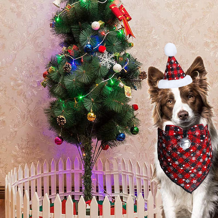Christmas Snowflake Dog Bandana Costume Set - Classic Plaid Scarf with Hat and Bow Tie, Featuring Bell Decoration for Pets
