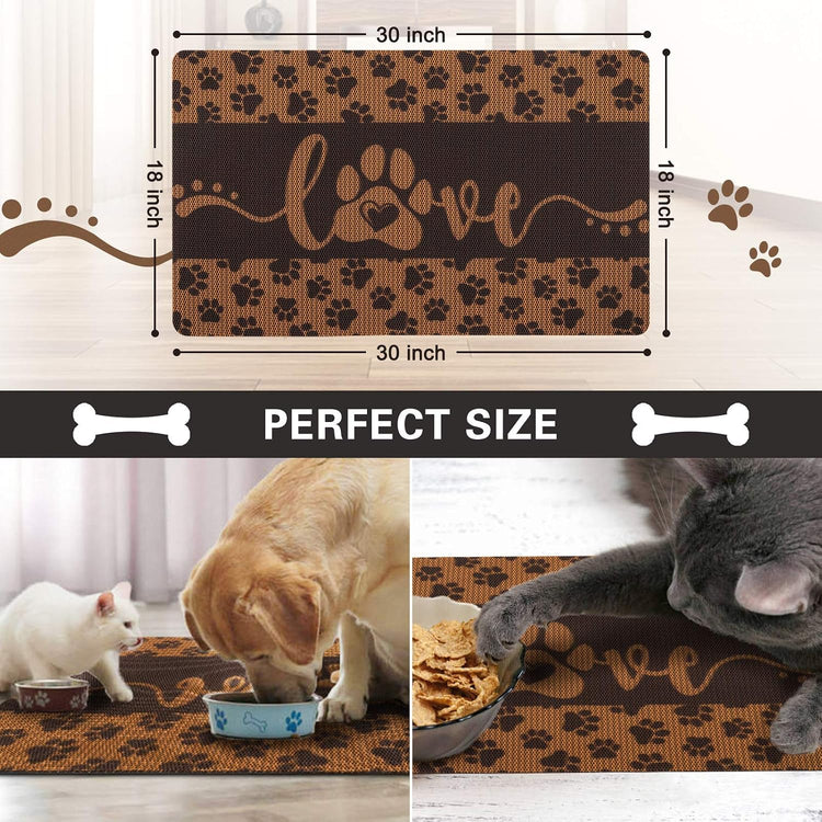 Washable Non-Slip Pet Food Mat for Dogs and Cats, Love Design, 18" x 30", Coffee Color