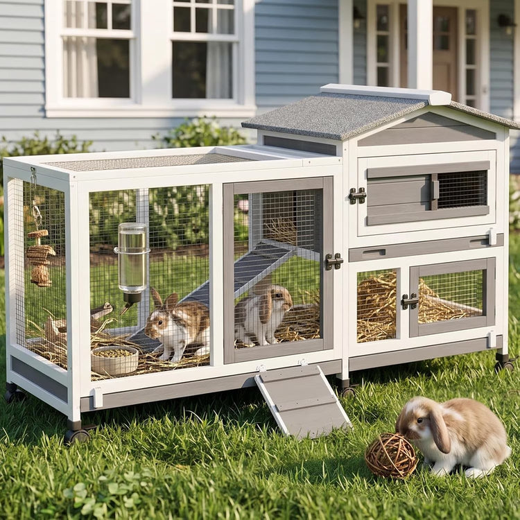 2-Story Rabbit Hutch Wooden Bunny Cage with Run & Pull-Out Trays