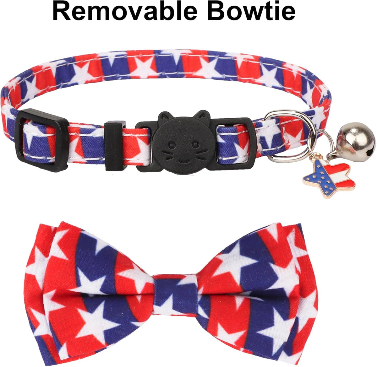American Flag Breakaway Cat Collars with Bow Tie and Bell - 2 Pack 4th of July Kitten Collars in Red and Blue