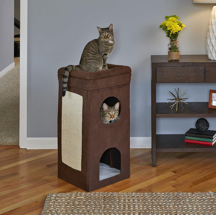 Feline Nuvo Tri-Level Cat Condo with Faux Brown Suede, Hideaways, Top Bed, and Sisal Scratch Panel for Multiple Cats
