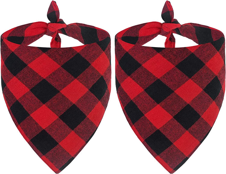 Set of 2 Dog Bandanas - Christmas Classic Red Buffalo Plaid Triangle Bibs for Small to Large Pets